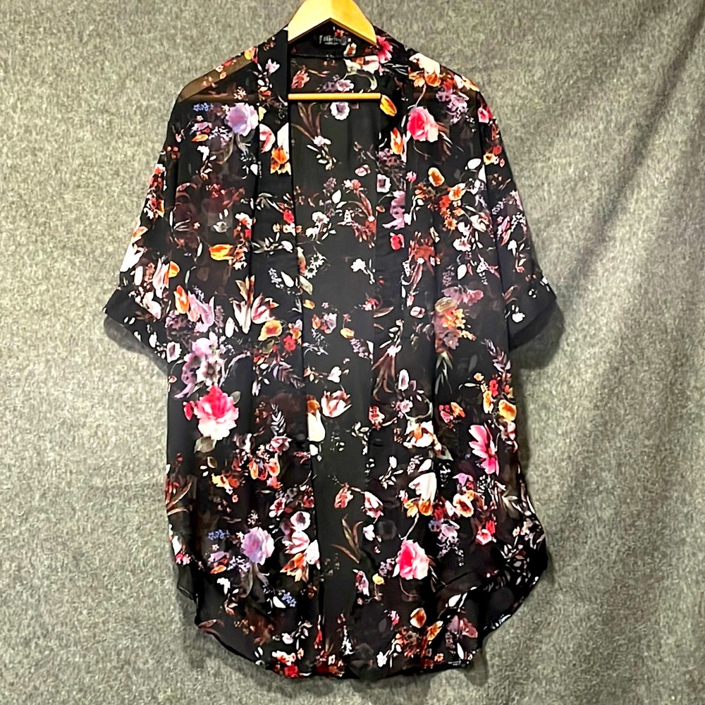 Sheer floral black swim shawl, women medium